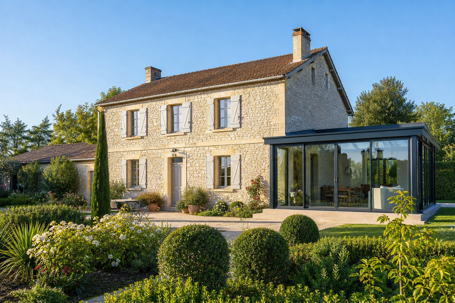 Façade de maison avec véranda vitrée nouvellement construite, vue extérieure d'ensemble avec jardin aménagé