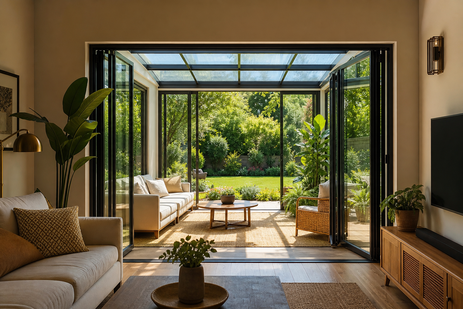 Grande baie vitrée coulissante ouverte entre un salon et une véranda, vue sur jardin