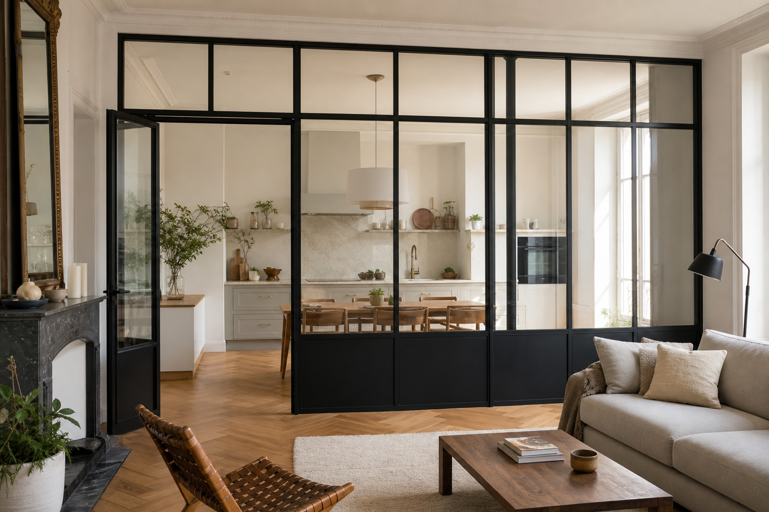 Verrière d'atelier en acier et verre séparant un salon et une cuisine dans un intérieur rénové lumineux